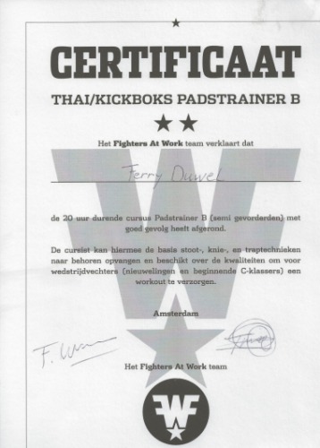 Certificaat Thai/kickboks Padstrainer B