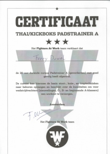 Certificaat Thai/kickboks Padstrainer A